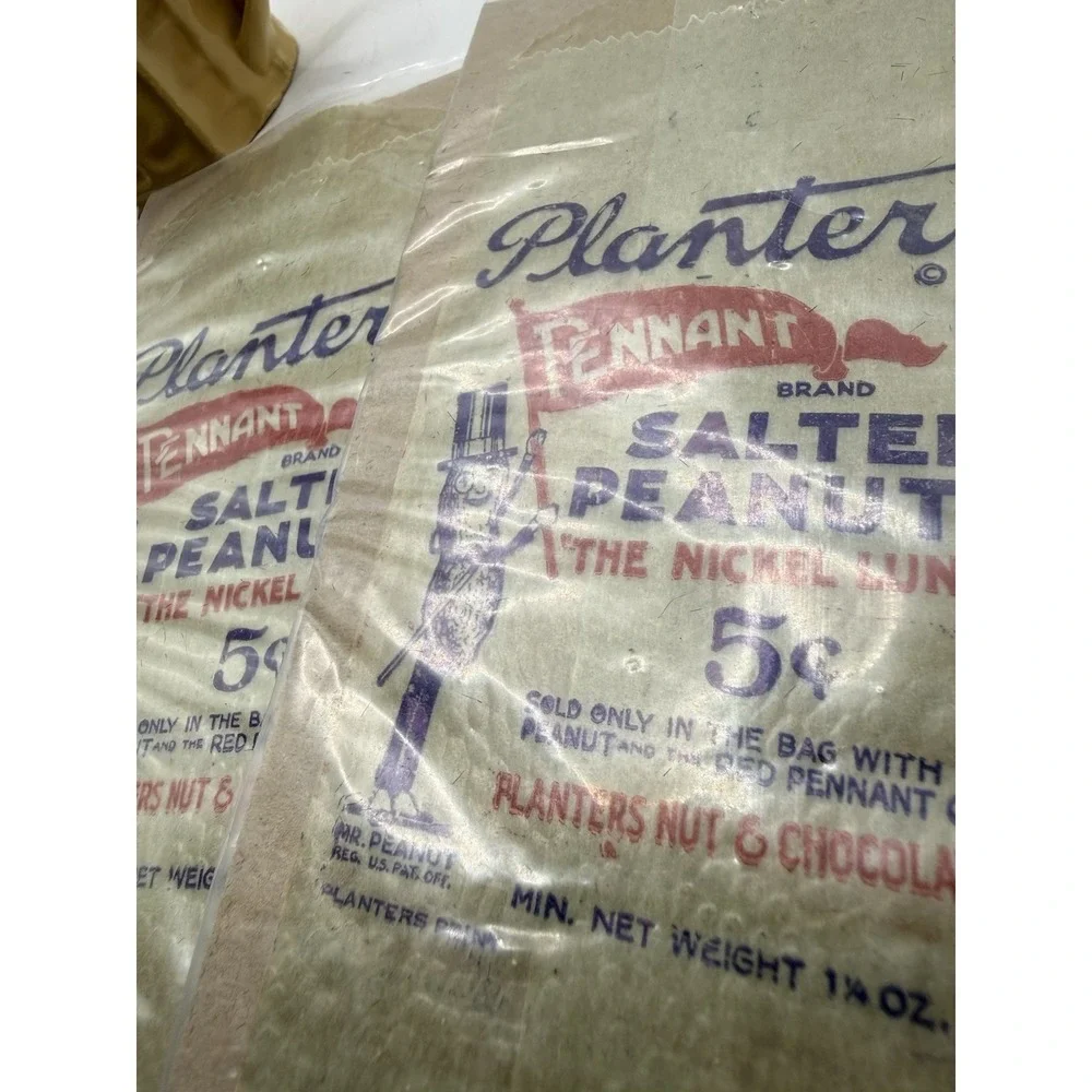 (4) Vintage Planters Mr Peanut Wax Bags Lot 1930s-50s (NOS) + Cup & Stirrer